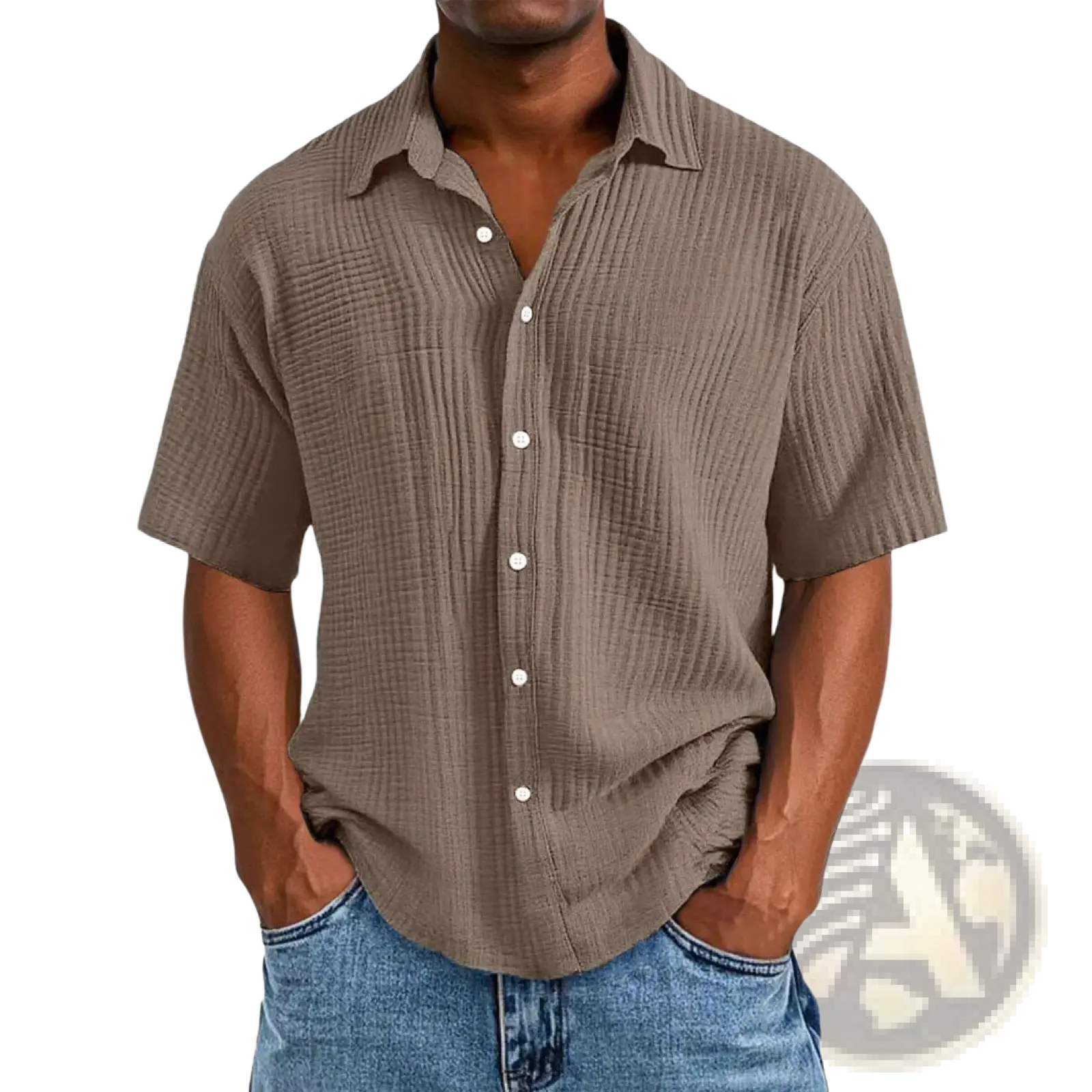 A men’s textured short sleeve button up shirt in muted brown fabric with white buttons and a classic collar