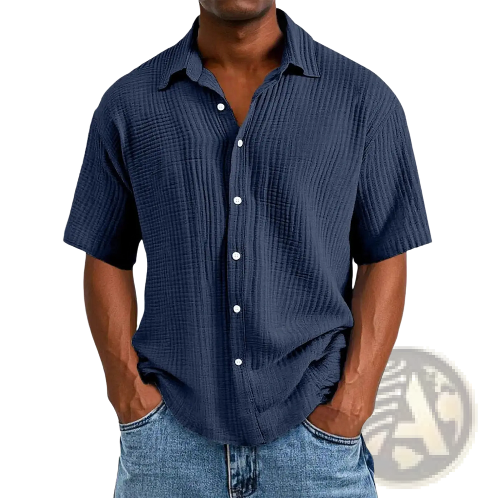 Navy blue men’s textured short sleeve button up shirt featuring ribbed fabric and white buttons