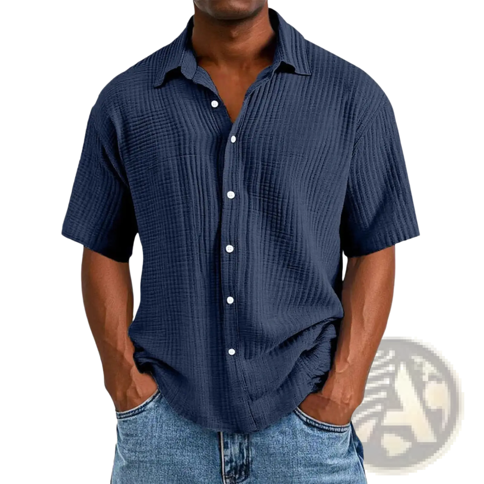 Navy blue men’s textured short sleeve button up shirt featuring ribbed fabric and white buttons
