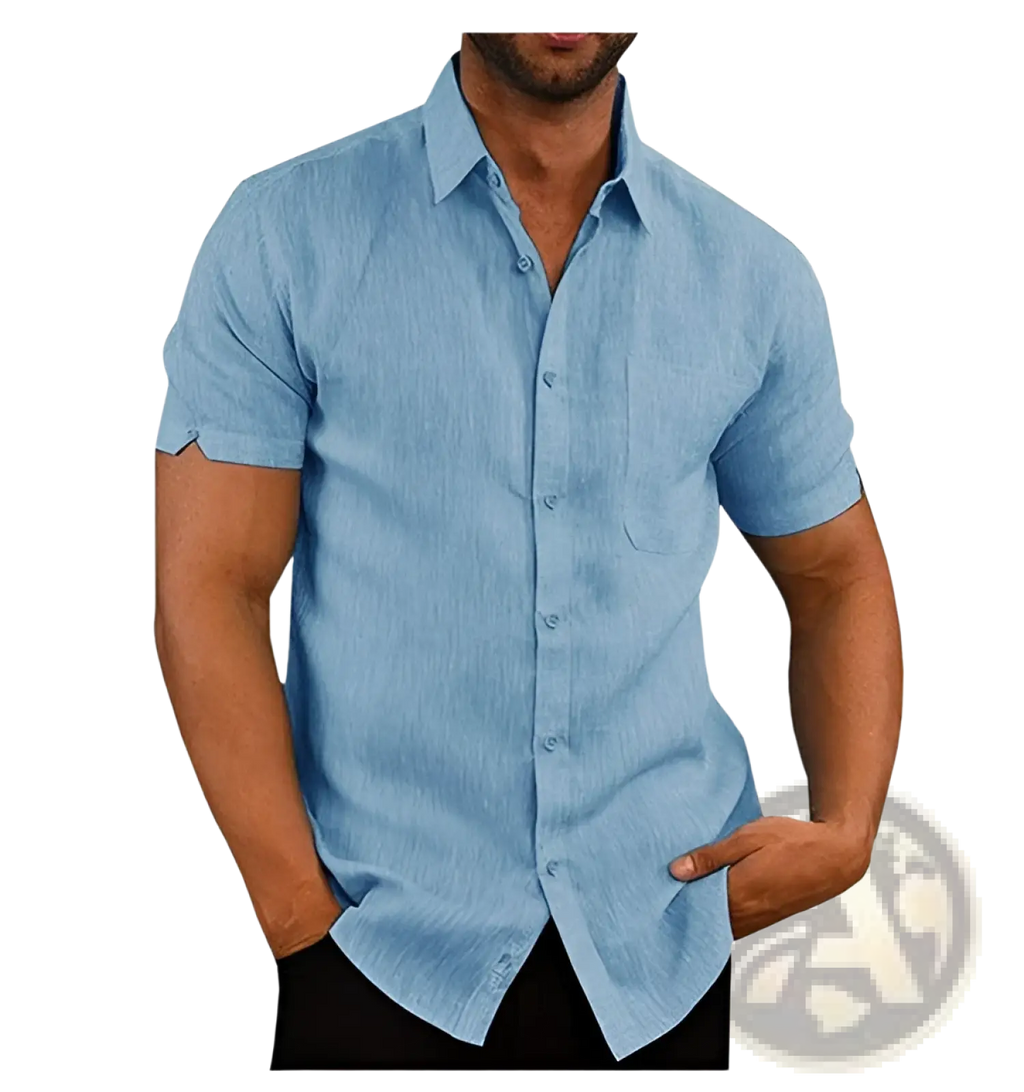 Men’s light blue textured short sleeve button up shirt with pocket featuring a subtle woven fabric design