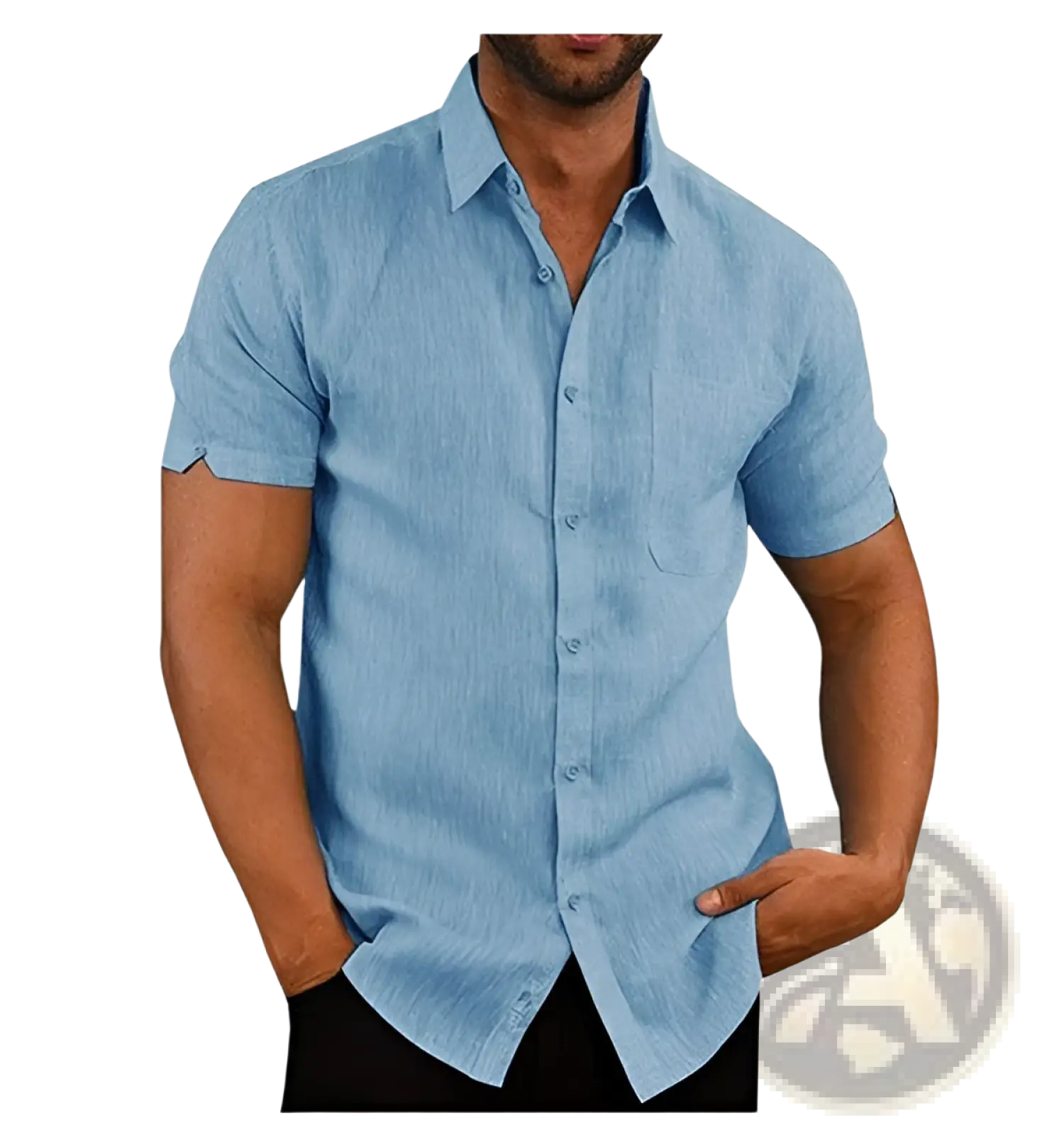 Men’s light blue textured short sleeve button up shirt with pocket featuring a subtle woven fabric design
