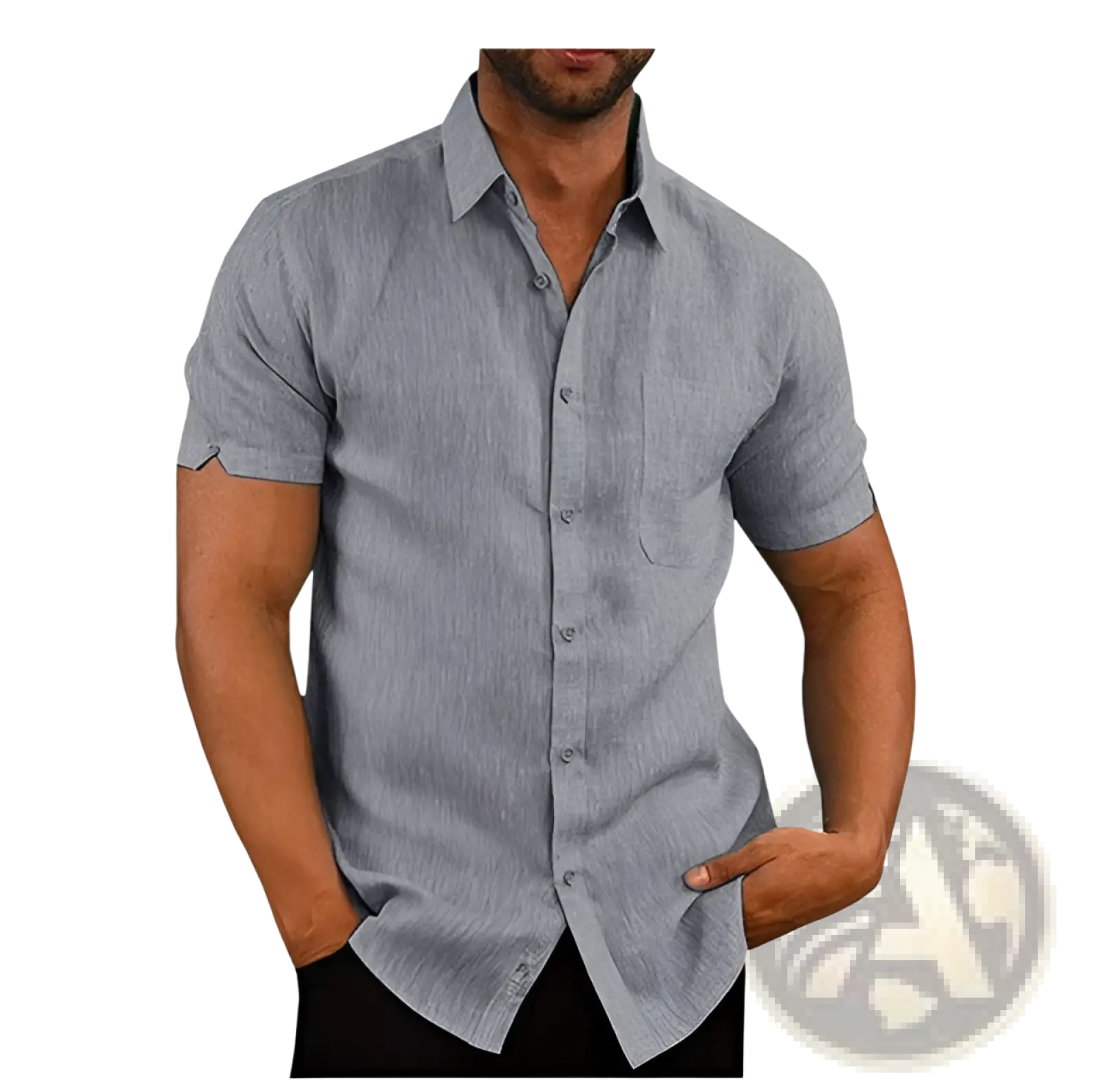 Men’s gray textured short sleeve button up shirt with subtle weave and chest pocket for casual wear