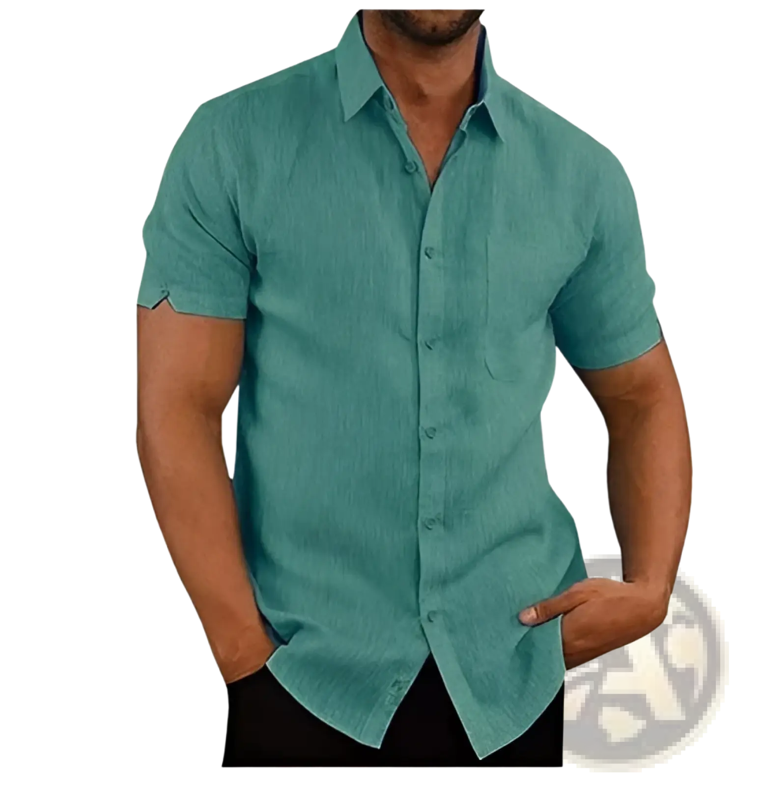 Men’s teal textured short sleeve button up shirt with pocket and classic collar in a subtle woven fabric