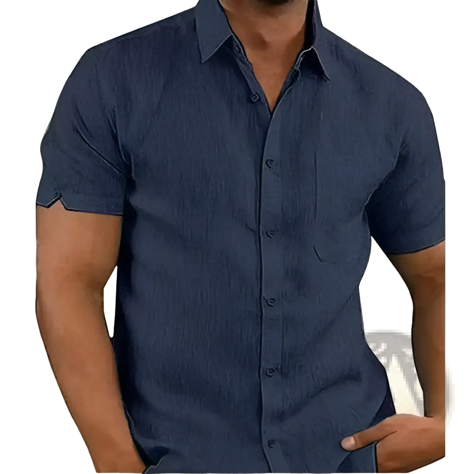 Men’s dark blue textured short sleeve button up shirt with pocket featuring a subtle woven fabric pattern