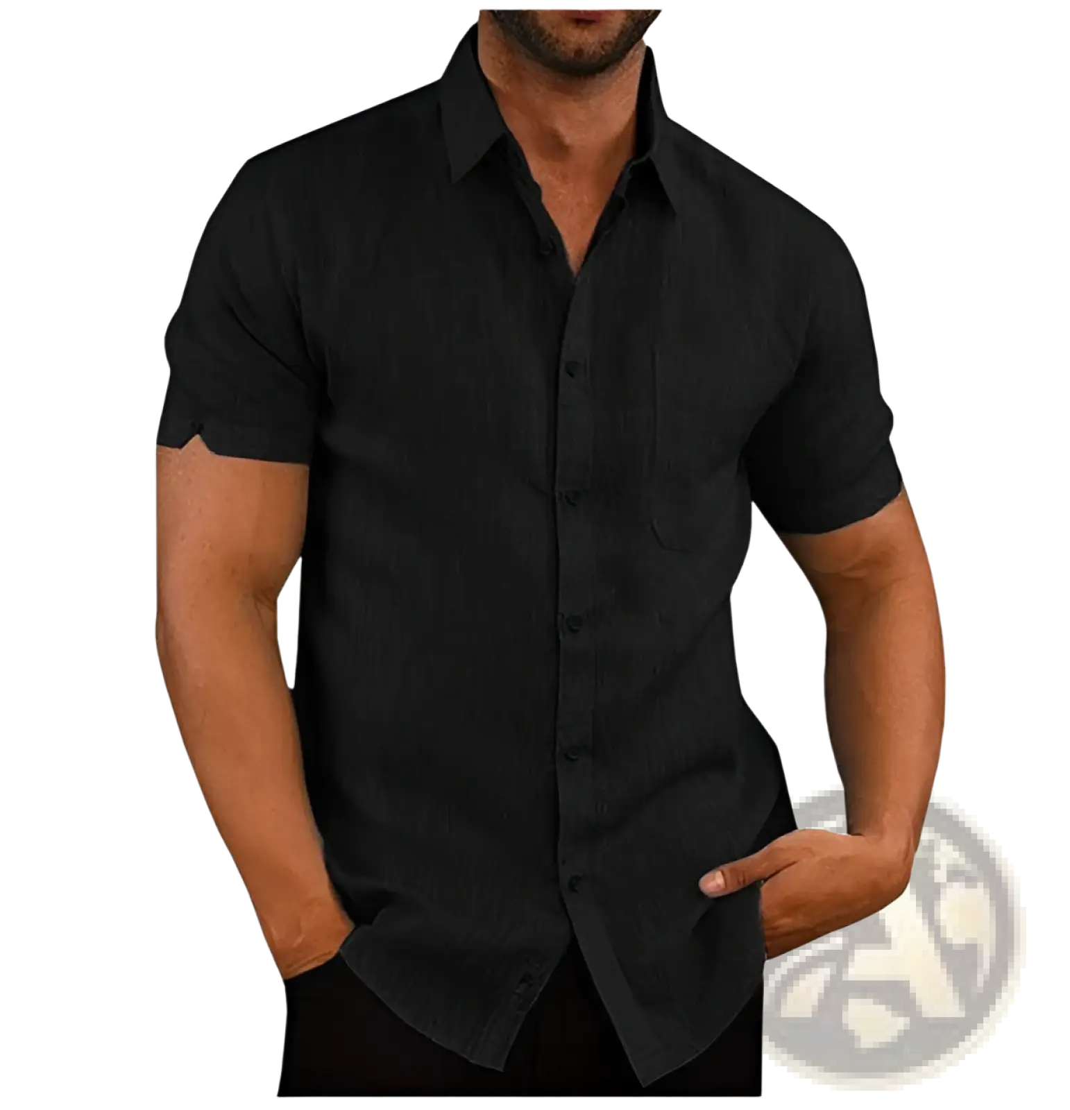 Men’s black textured short sleeve button up shirt with subtle weave and single chest pocket
