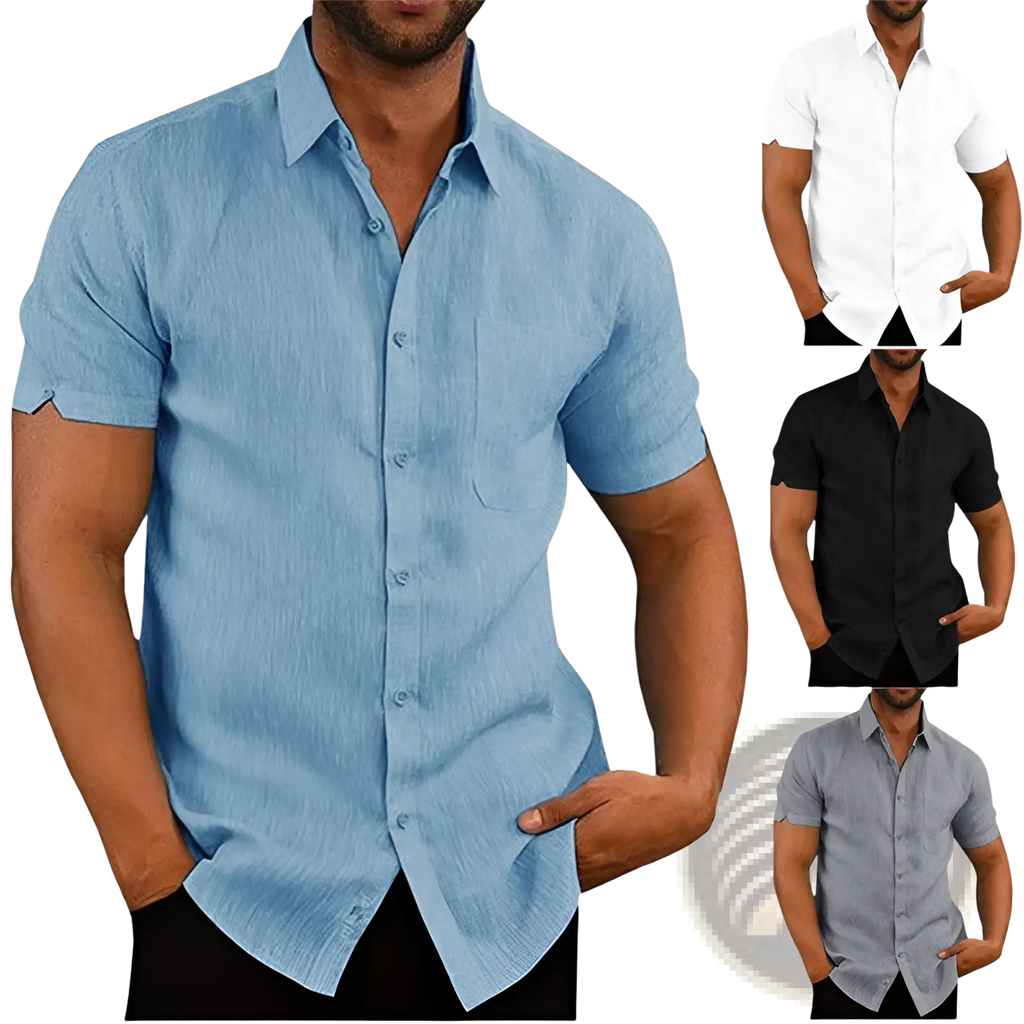 Men’s light blue short sleeve button up shirt with pocket featuring a subtle textured weave fabric