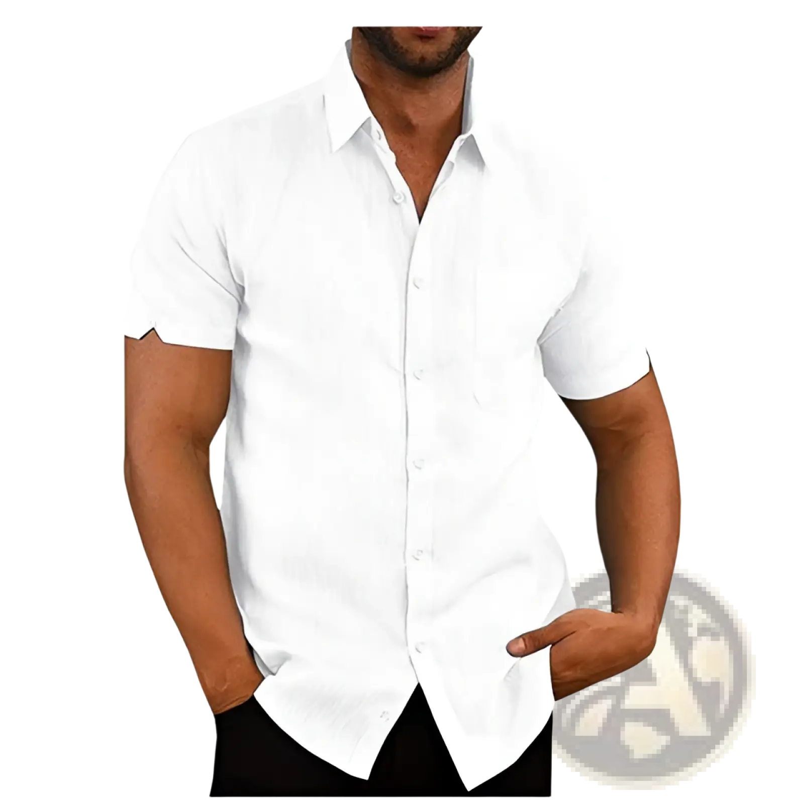Men’s white textured short sleeve button up shirt with classic collar and chest pocket for casual wear