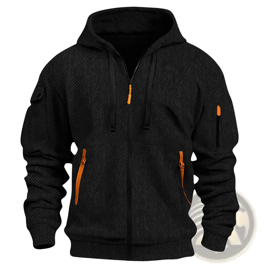 Men’s black textured zip-up hoodie featuring vibrant orange zipper pulls sleeve accents and pocket zippers