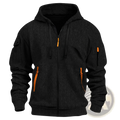 Men’s black textured zip-up hoodie featuring vibrant orange zipper pulls sleeve accents and pocket zippers