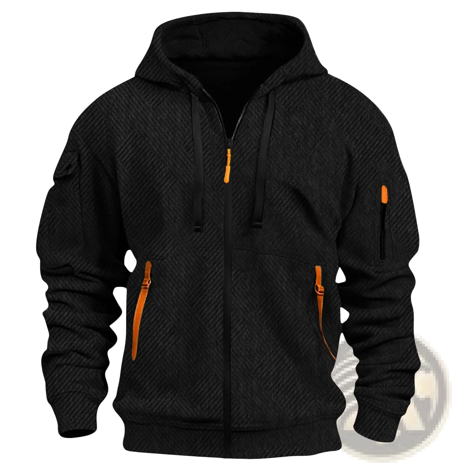 Men’s black textured zip-up hoodie featuring vibrant orange zipper pulls sleeve accents and pocket zippers