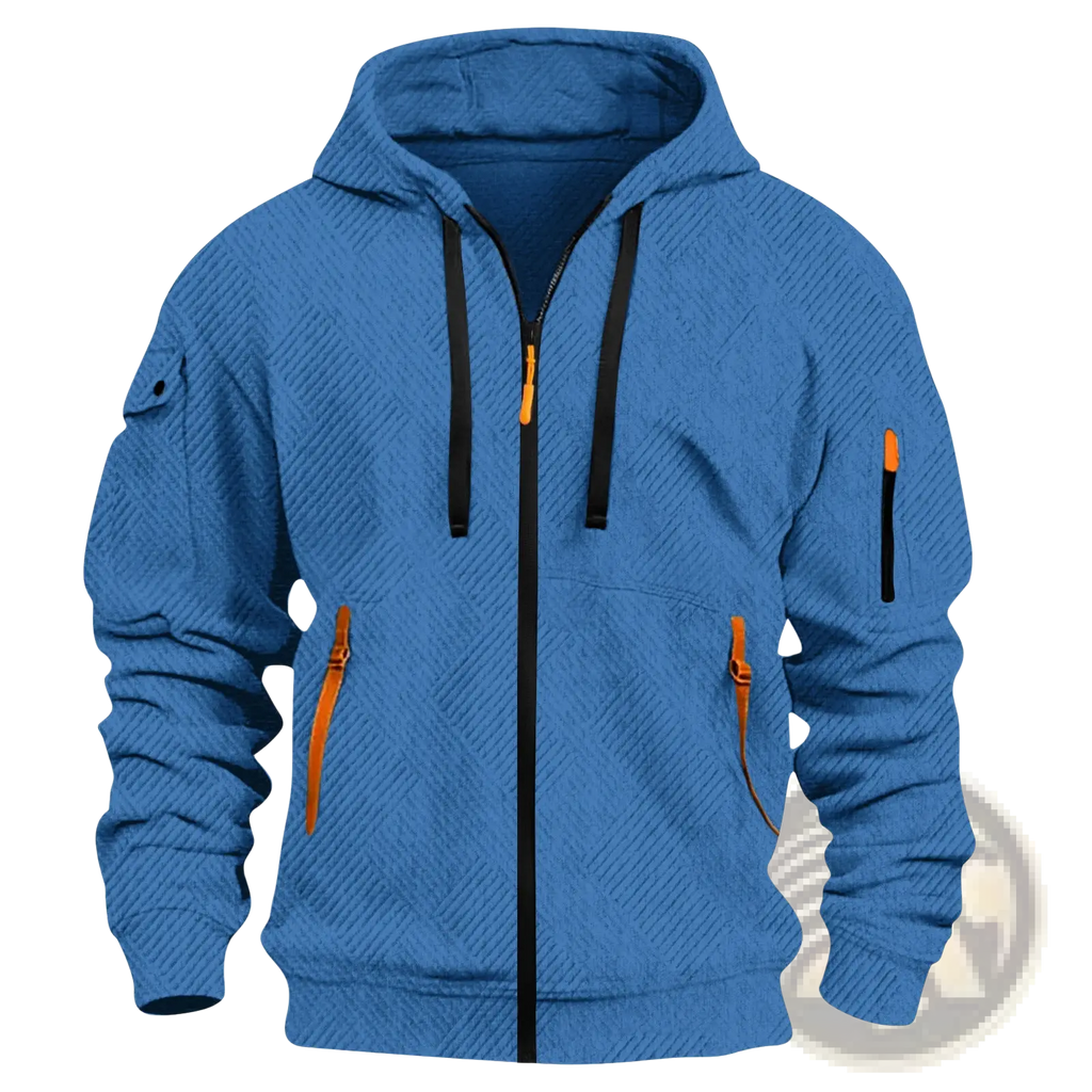 Men’s blue textured sporty zip hoodie with diamond pattern black zipper drawstrings and orange pocket zippers