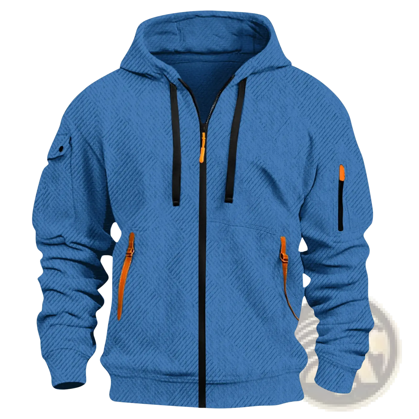 Men’s blue textured sporty zip hoodie with diamond pattern black zipper drawstrings and orange pocket zippers