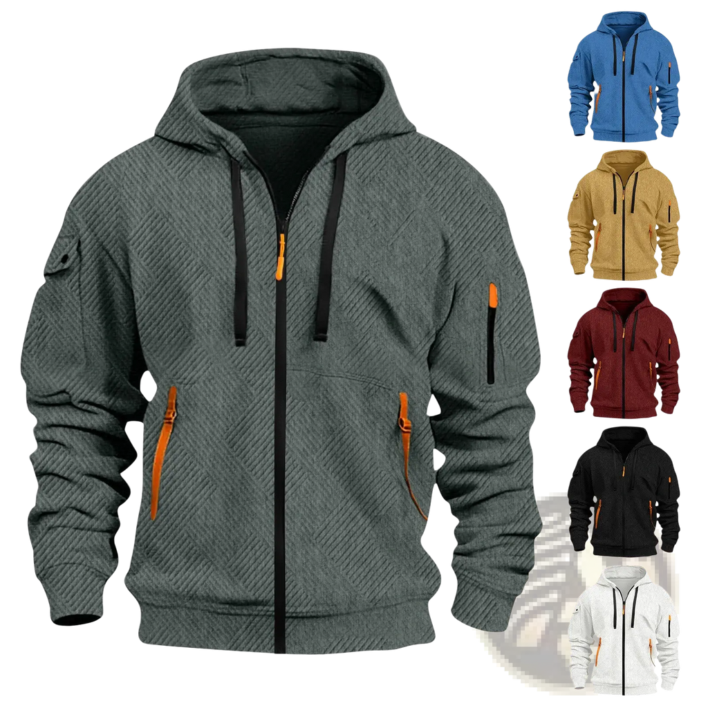 Men’s textured gray zip-up hoodie with orange zipper pulls and black drawstrings for sporty casual wear