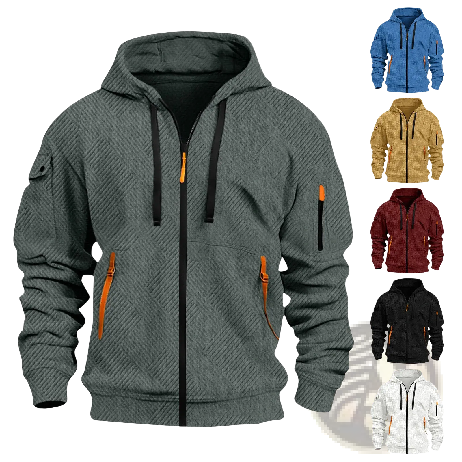 Men’s textured gray zip-up hoodie with orange zipper pulls and black drawstrings for sporty casual wear