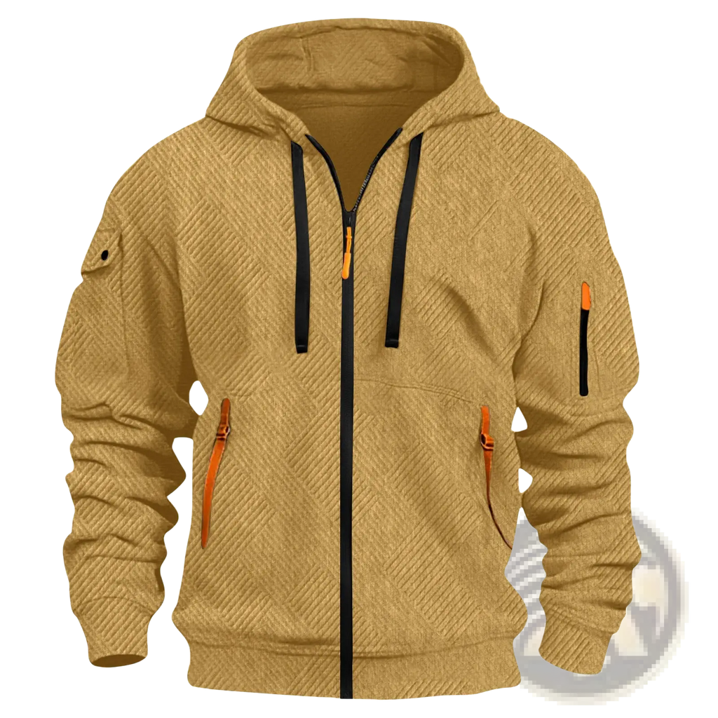 Men’s tan textured sporty zip hoodie with herringbone texture black zipper drawstrings and orange pocket zippers