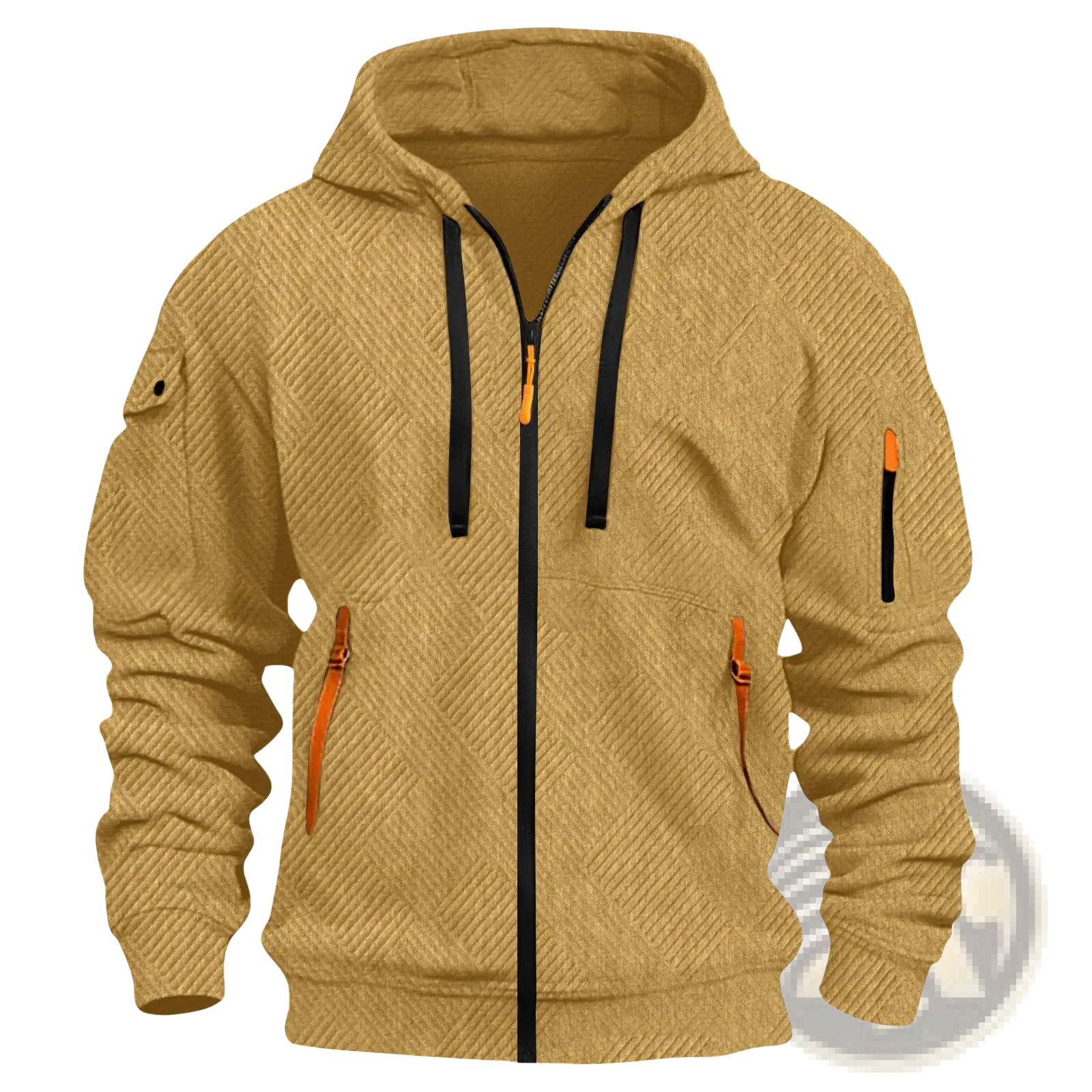 Men’s tan textured sporty zip hoodie with herringbone texture black zipper drawstrings and orange pocket zippers