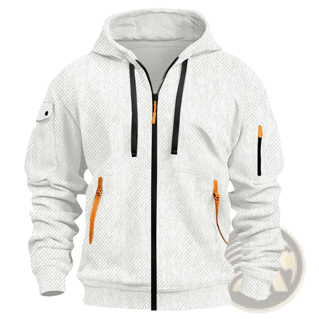 Men’s white textured sporty zip hoodie with subtle diagonal texture black zipper pulls and orange trimmed side pockets