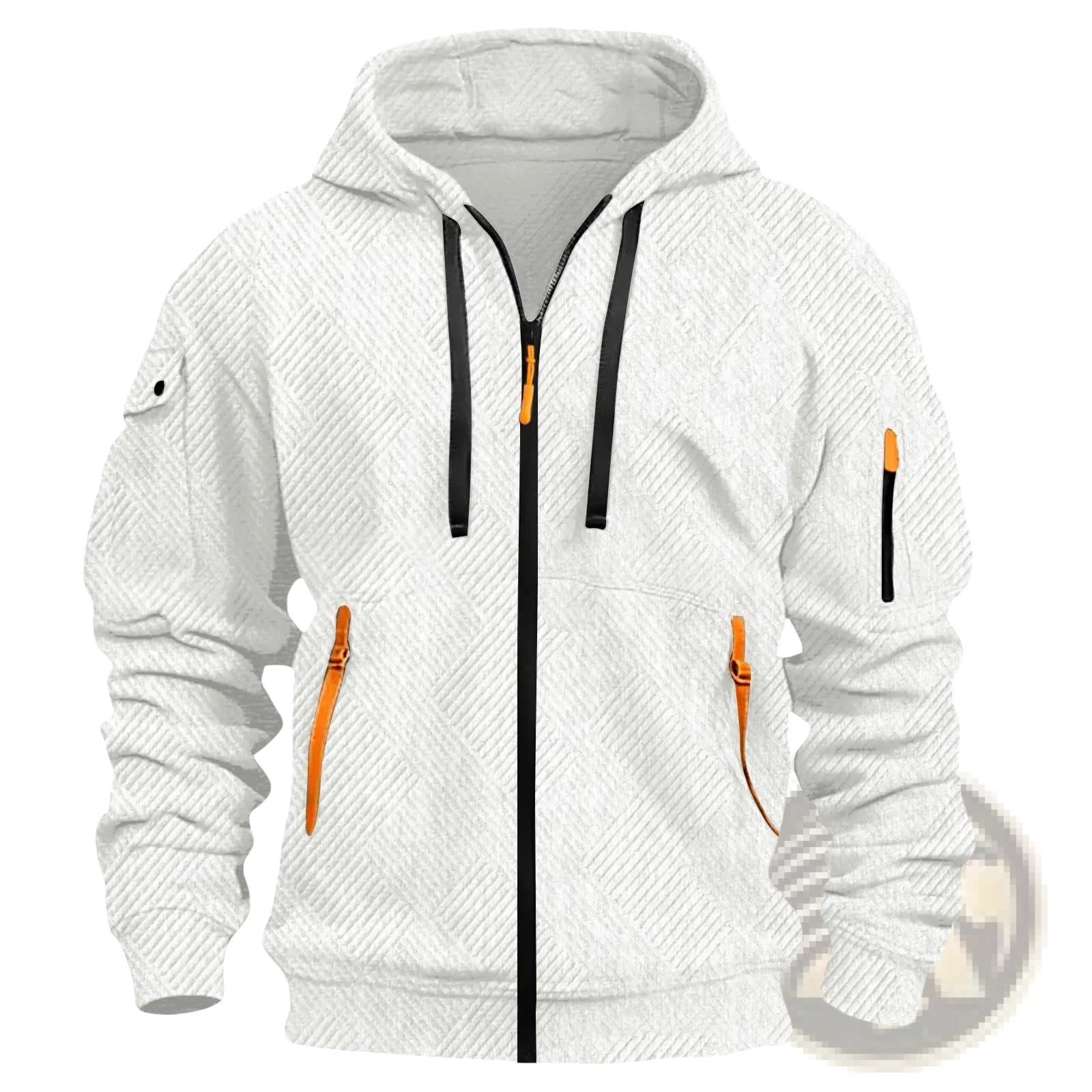 Men’s white textured sporty zip hoodie with subtle diagonal texture black zipper pulls and orange trimmed side pockets