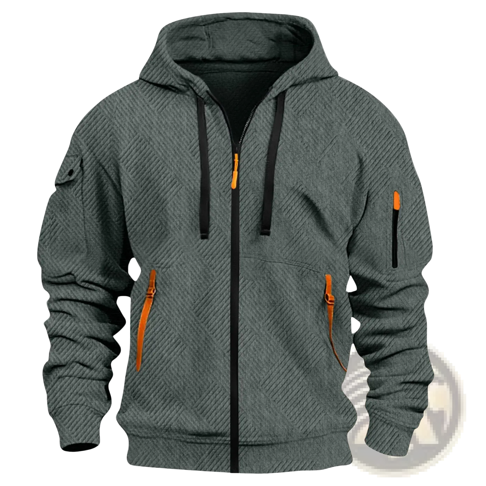 Men’s gray hooded zip-up jacket with herringbone texture black zipper and drawstrings with bright orange pulls