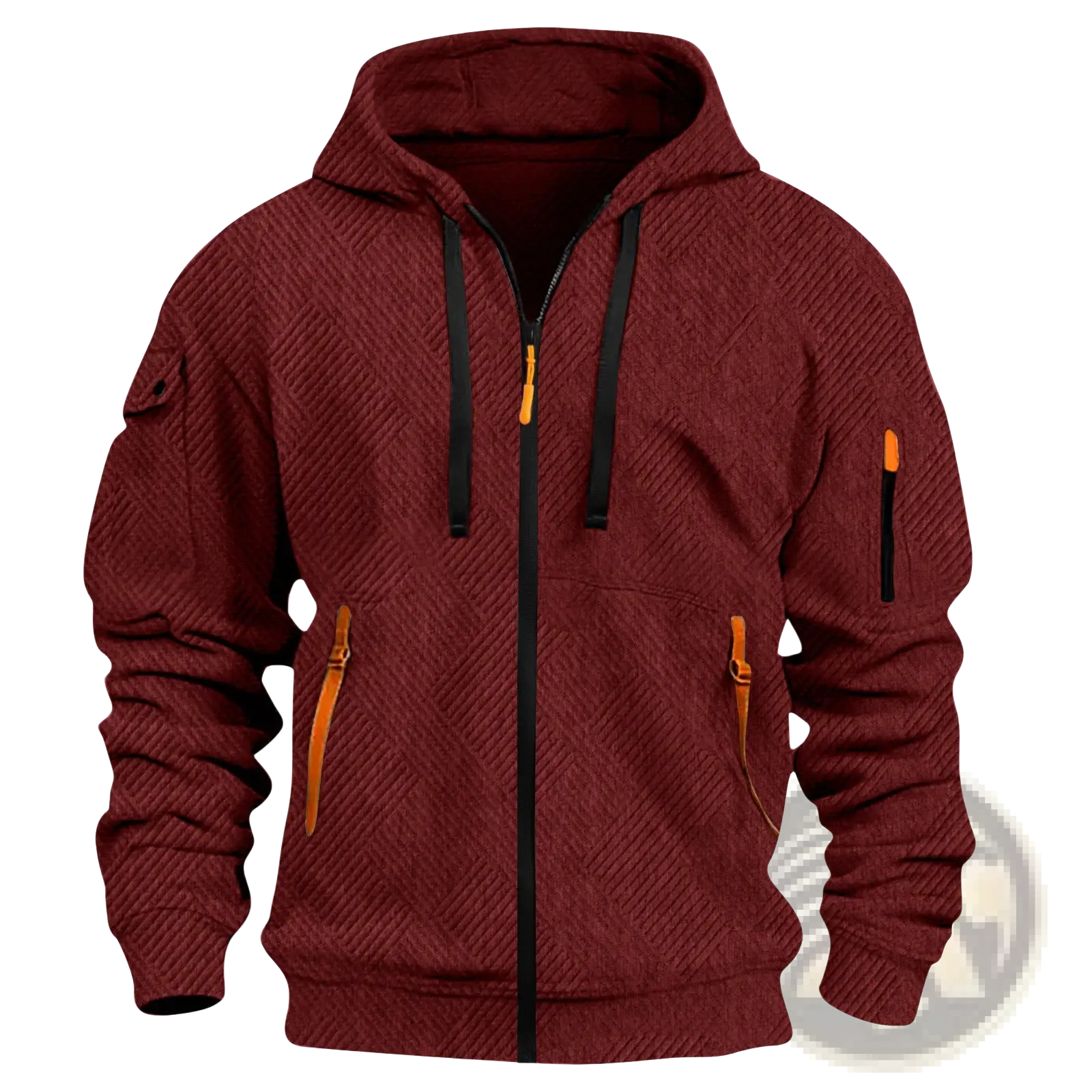 Men’s maroon textured sporty zip hoodie with diagonal weave pattern black zipper and orange zipper pull tabs