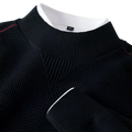 Men’s black ribbed knit sweater with textured body, white inner collar lining, and maroon shoulder seam piping