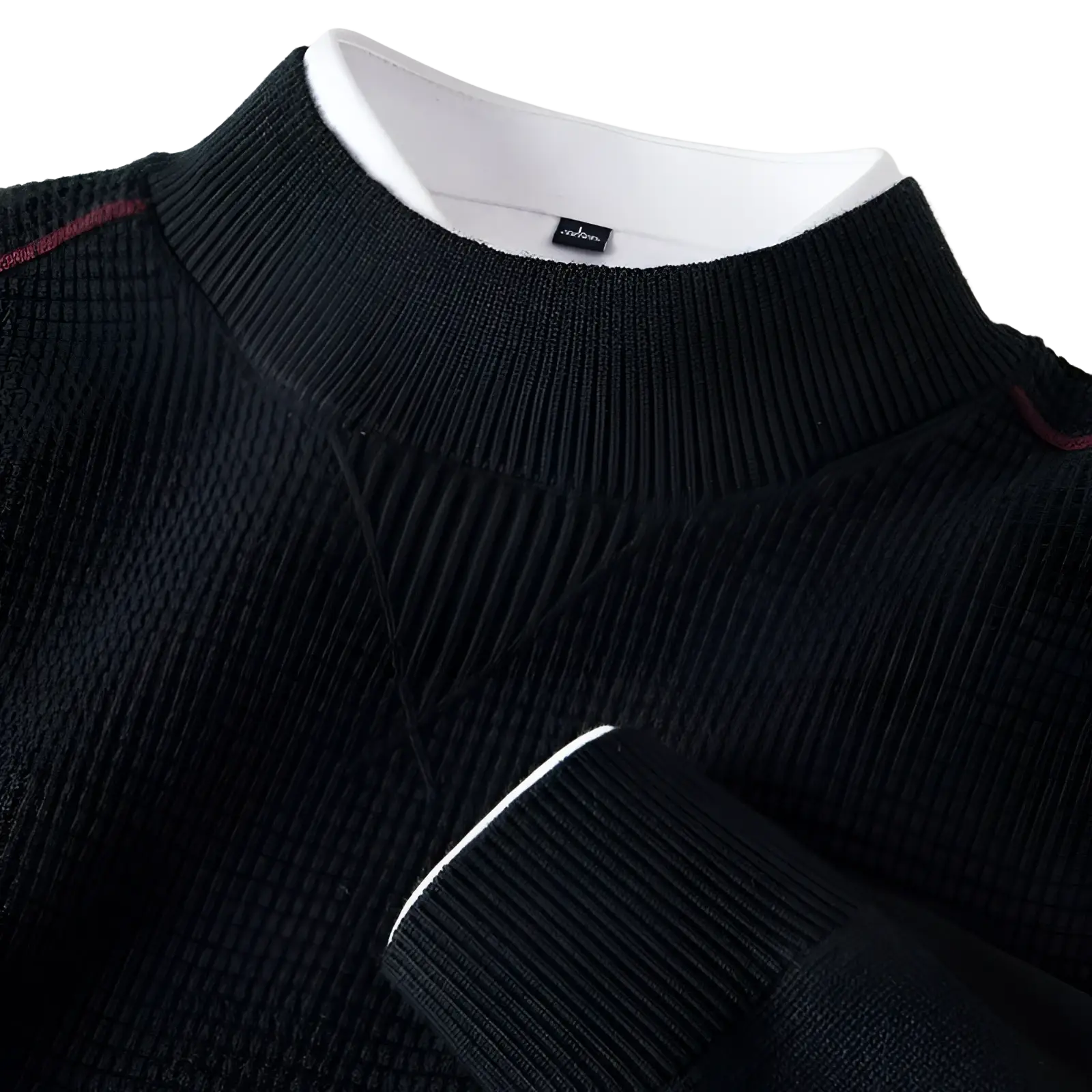 Men’s black textured knit sweater with stand collar ribbed cuffs and white trim along the sleeve edge