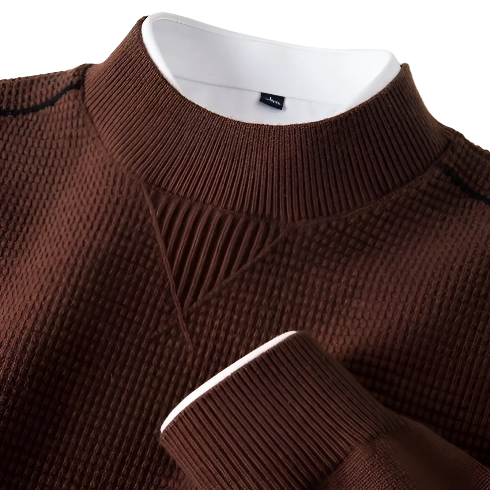 Men’s brown ribbed knit sweater with textured pattern and contrasting white inner collar with stand collar design