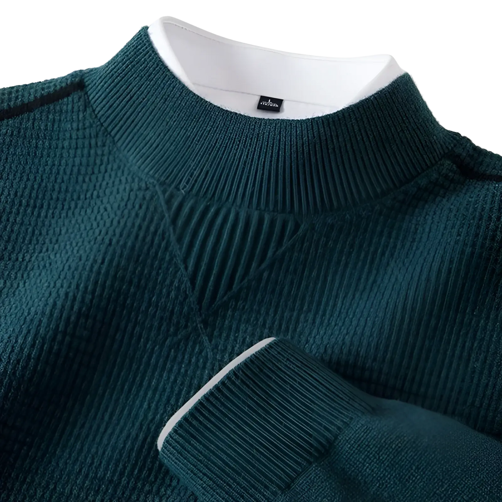Men’s textured dark green ribbed knit sweater with stand collar and white inner collar and cuff trim