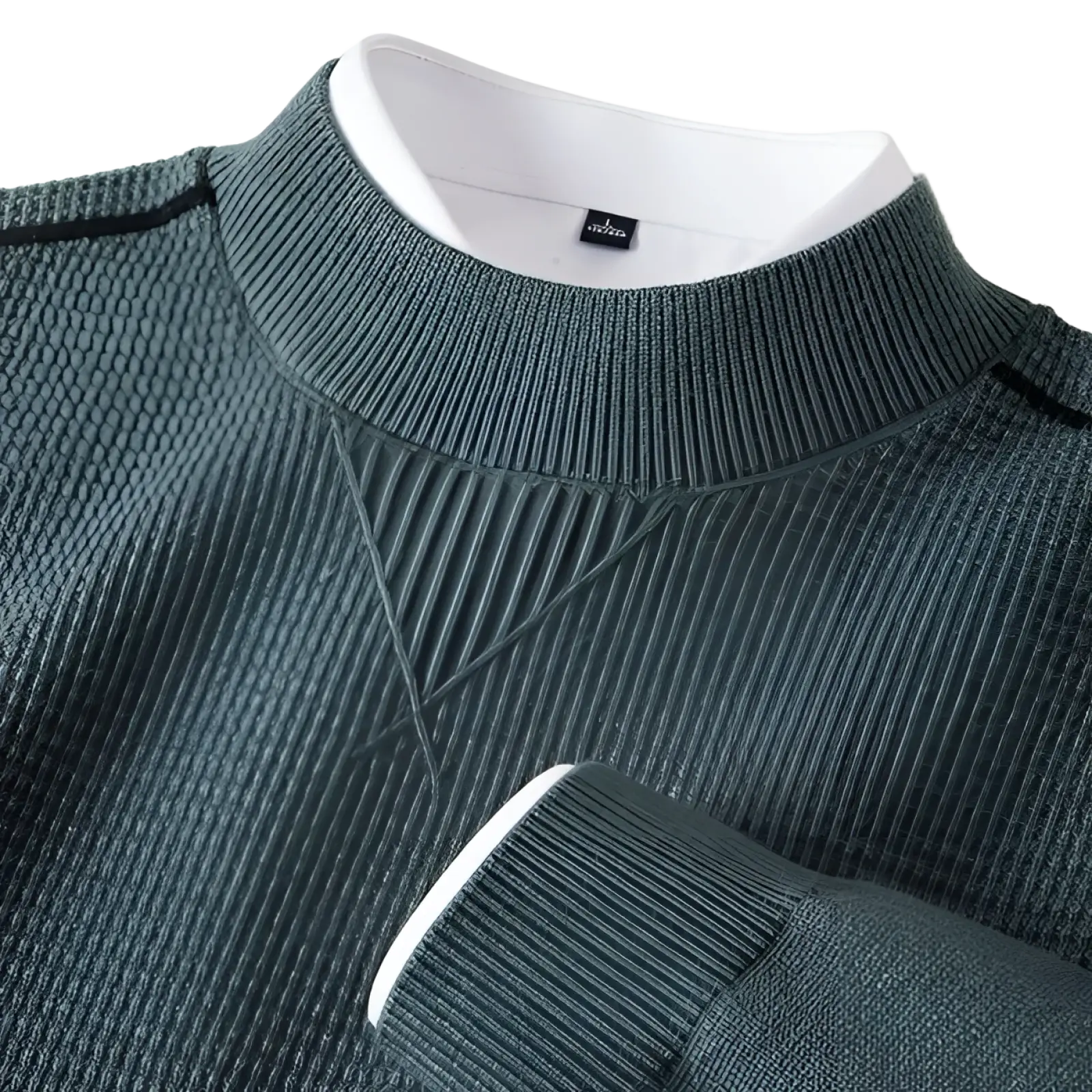 Men’s dark green ribbed knit sweater with a textured stand collar and white inner collar and sleeve cuffs