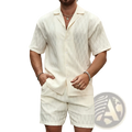 Cream-colored men’s short-sleeved textured wave pattern button-up shirt ideal for summer wear