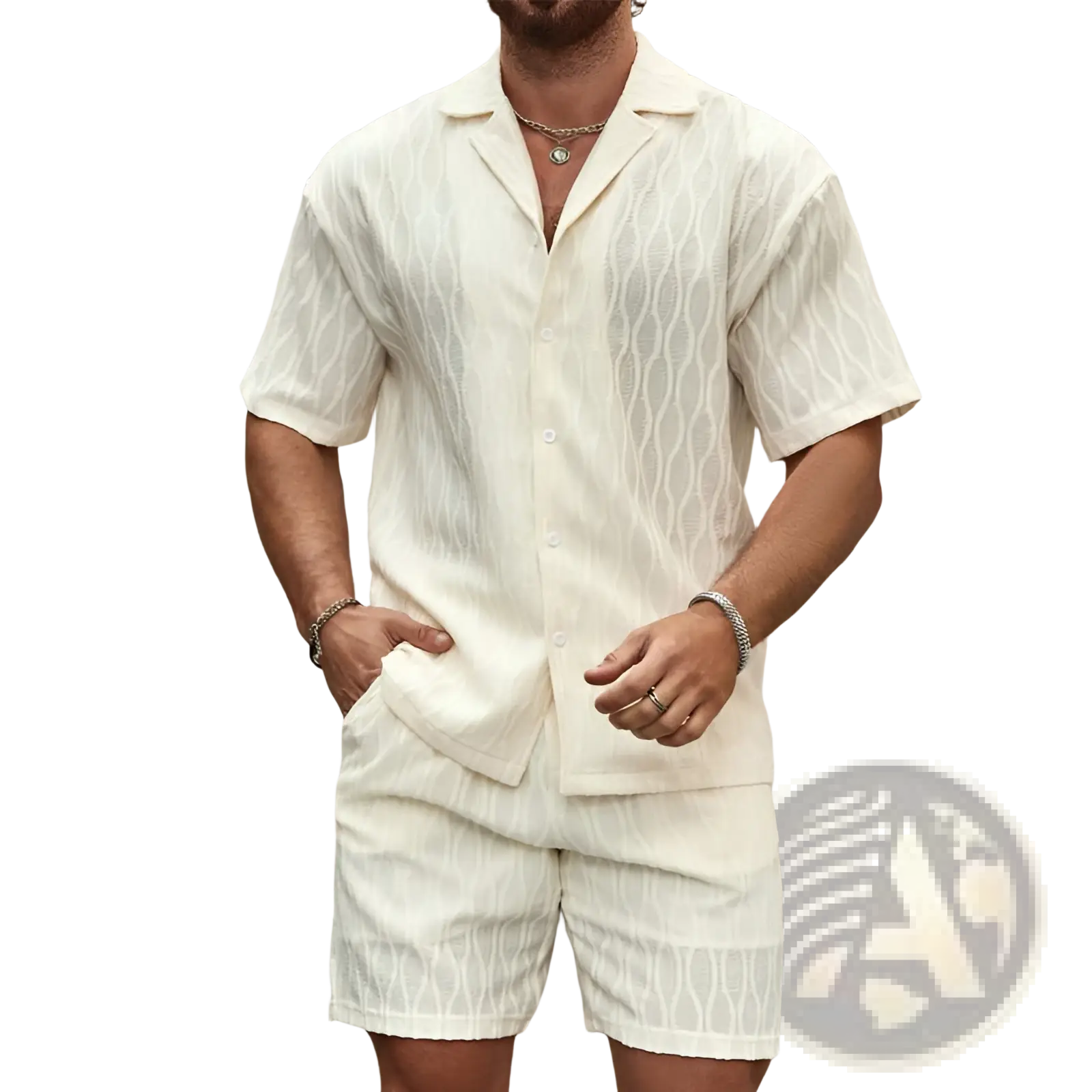 Cream-colored men’s short-sleeved textured wave pattern button-up shirt ideal for summer wear
