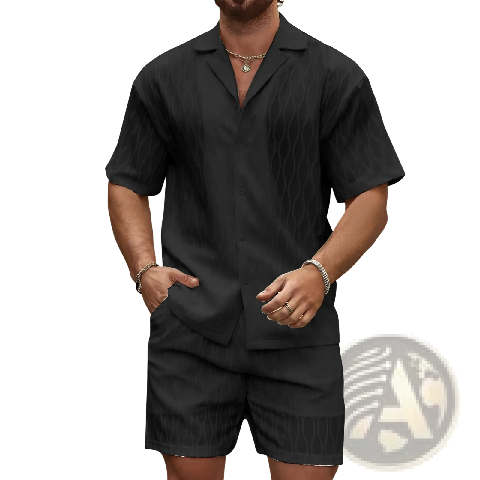 Men’s black short-sleeved button-up shirt with subtle wavy texture pattern in summer shirt and shorts set