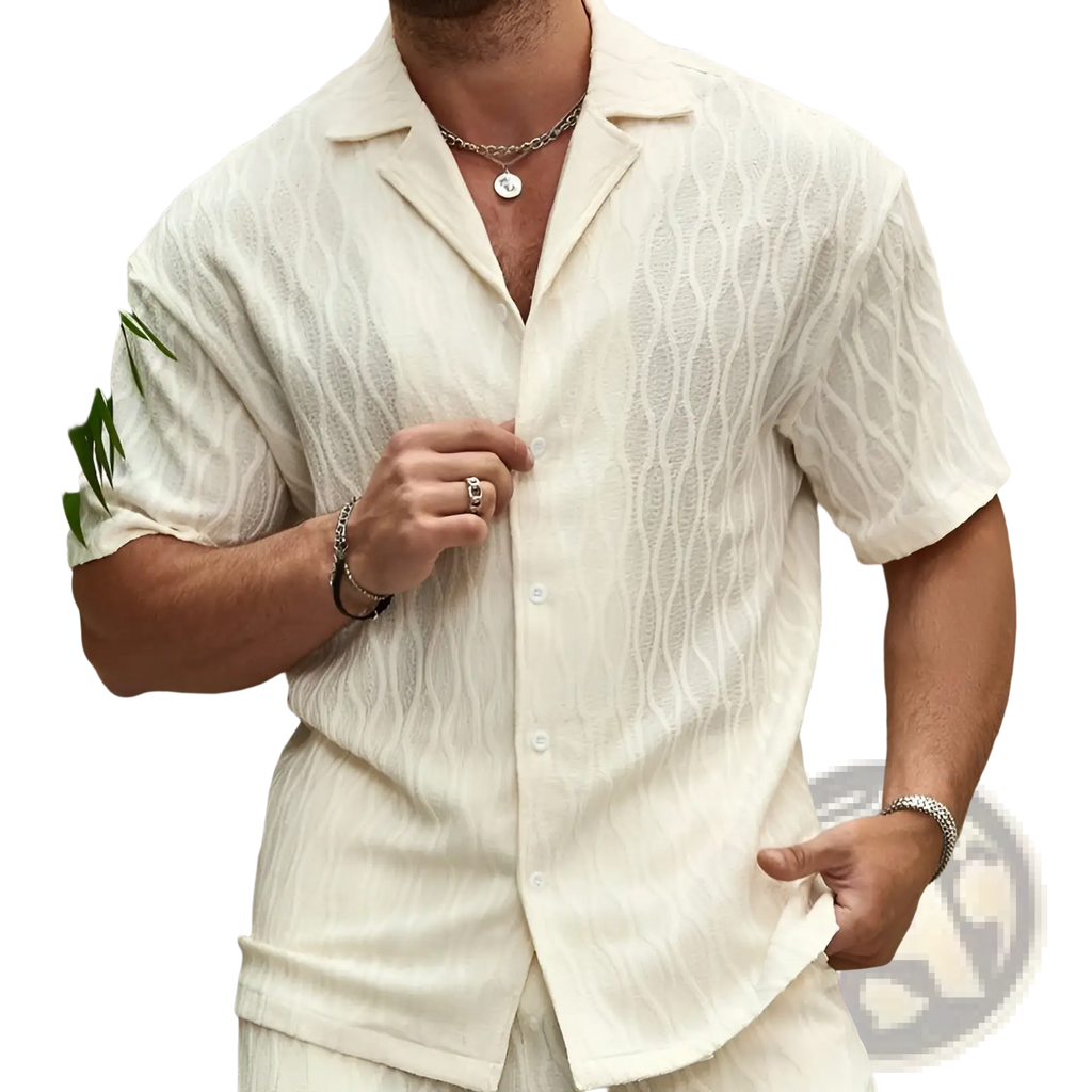 Cream-colored men’s short-sleeved button-up shirt with textured wavy knit pattern ideal for summer wear