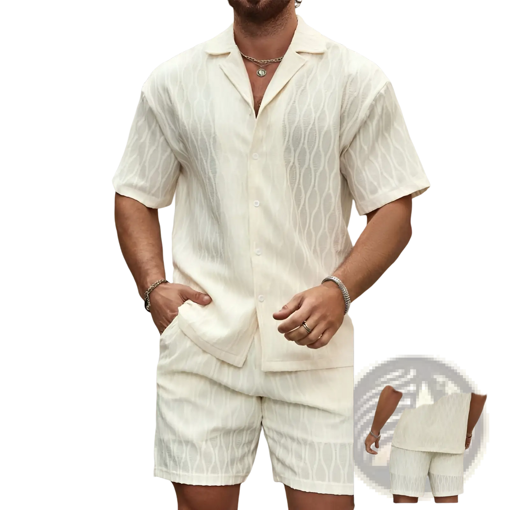 Cream-colored men’s short-sleeved textured wave pattern summer shirt with button-up front for lightweight comfort