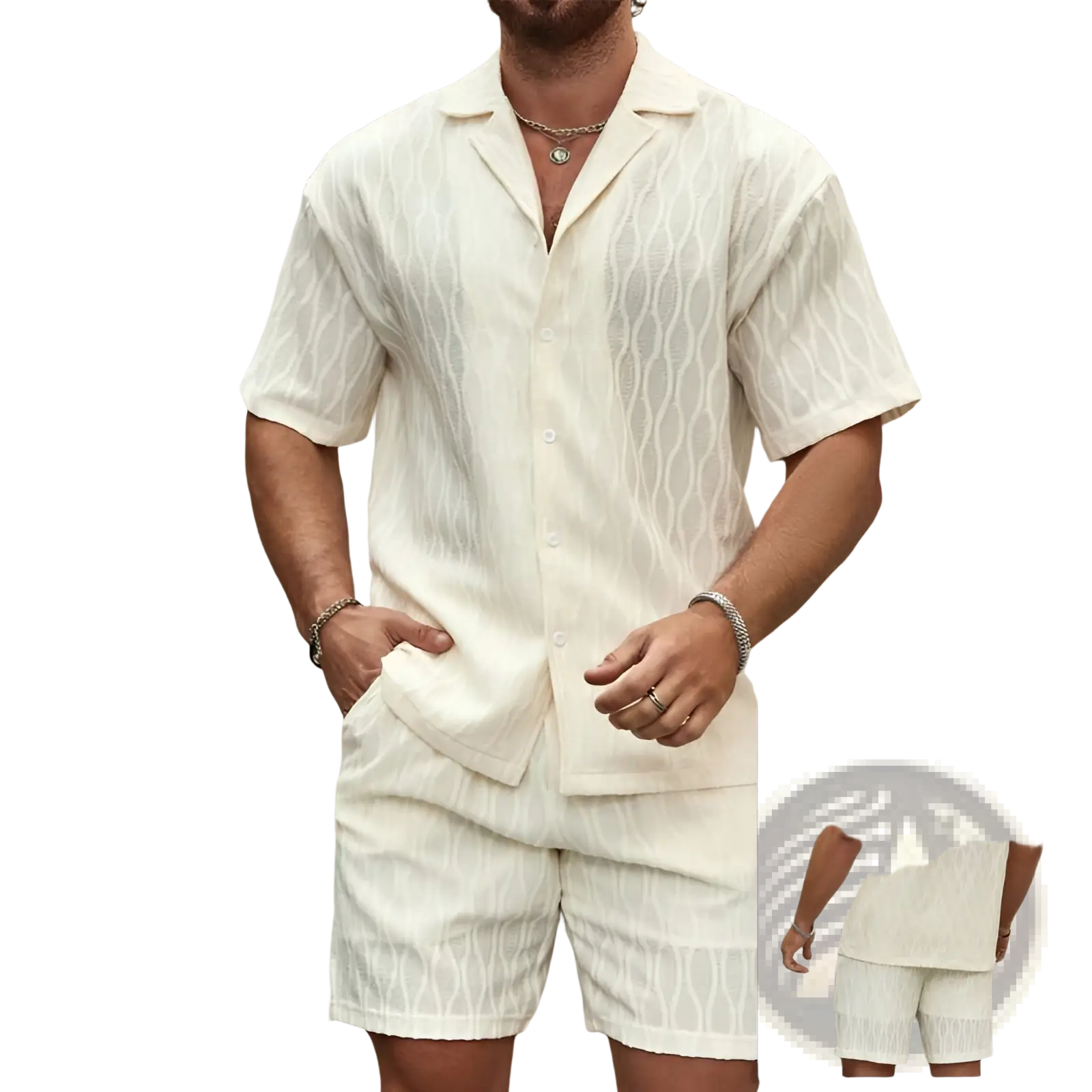 Cream-colored men’s short-sleeved textured wave pattern summer shirt with button-up front for lightweight comfort