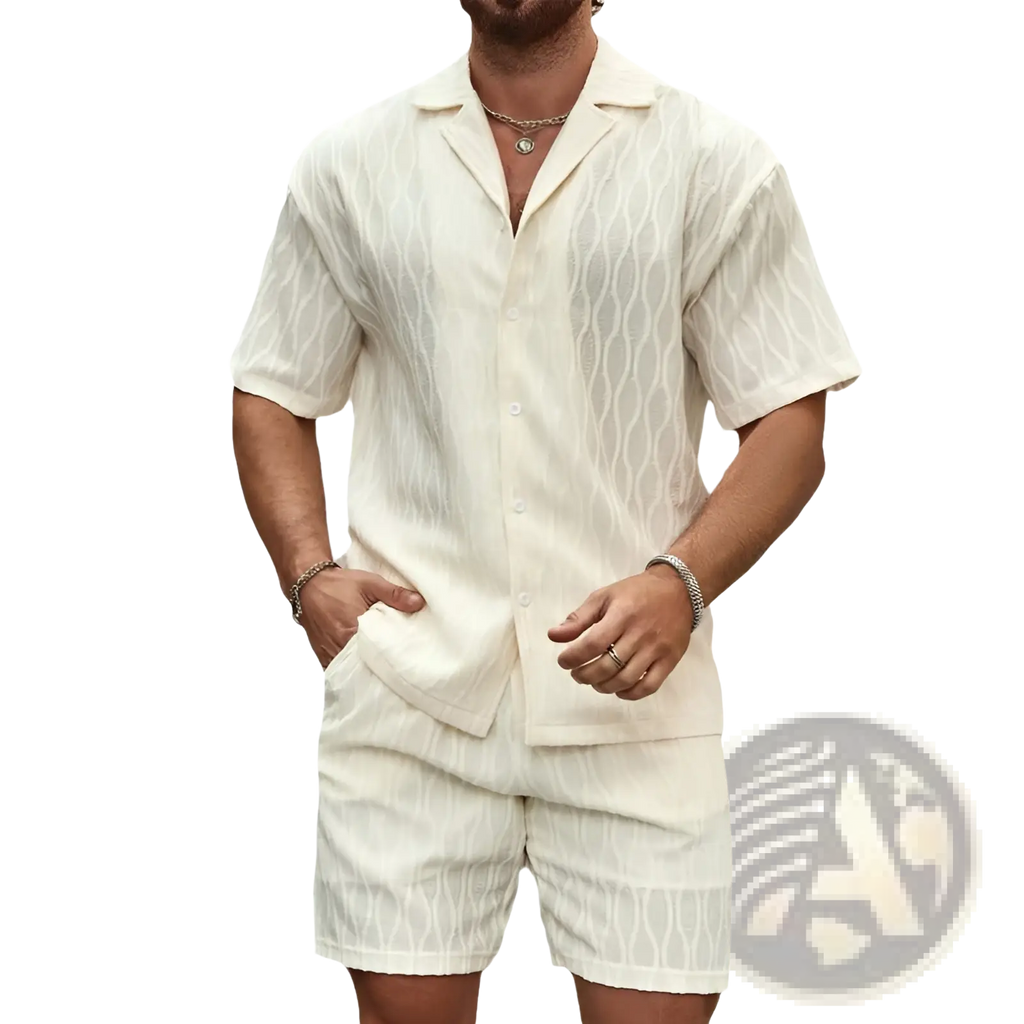 Cream-colored men’s textured wave pattern summer shirt and matching shorts set with a subtle woven pattern
