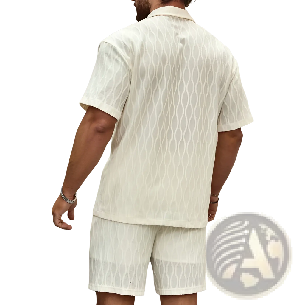 Men’s cream-colored short-sleeved button-up shirt with subtle woven geometric pattern in textured wave style summer set