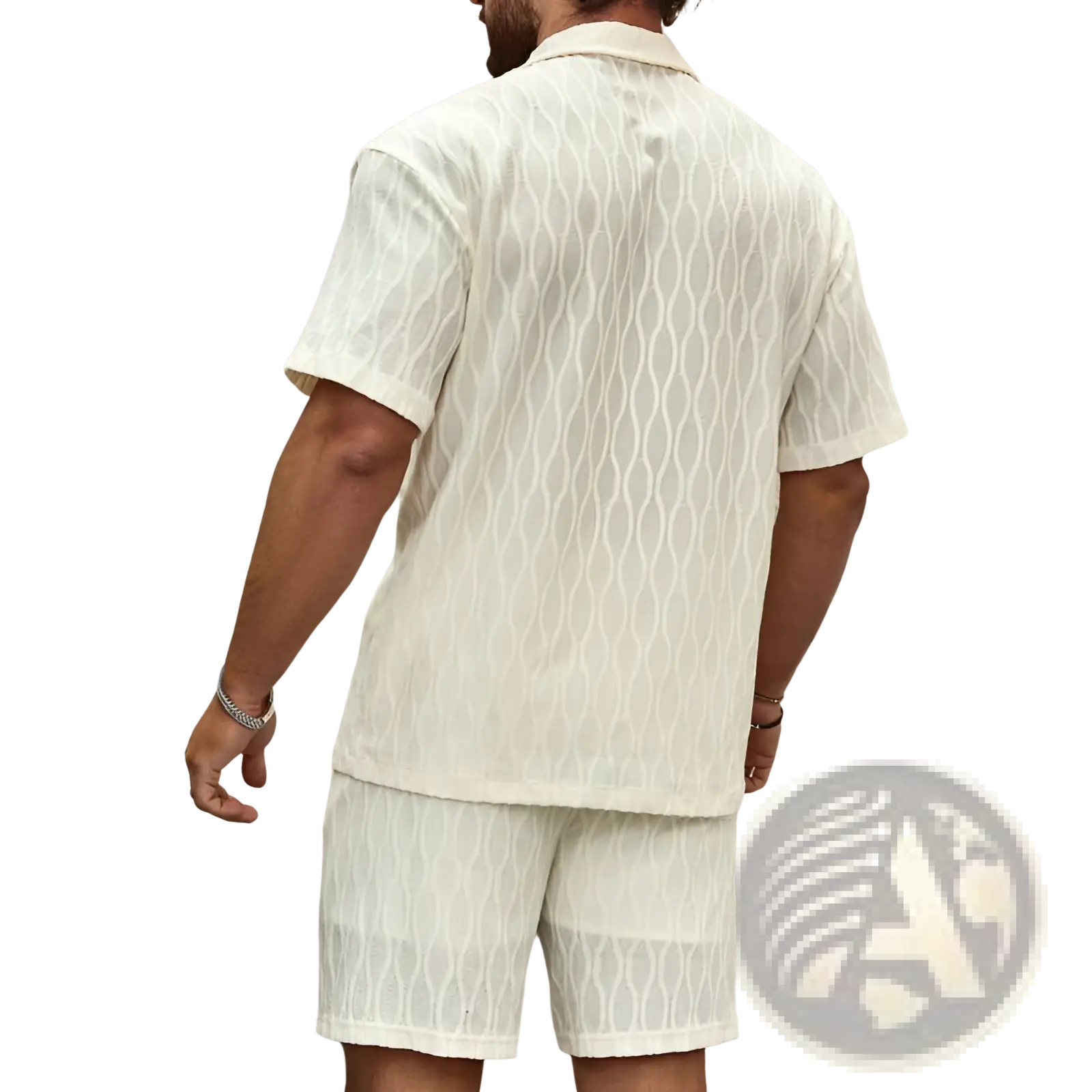 Men’s cream-colored short-sleeved button-up shirt with subtle woven geometric pattern in textured wave style summer set