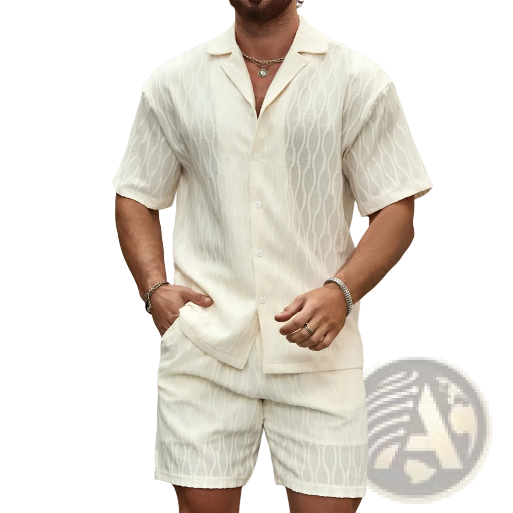 Men’s cream-colored short-sleeved button-up shirt with subtle wavy texture pattern in summer shirt and shorts set