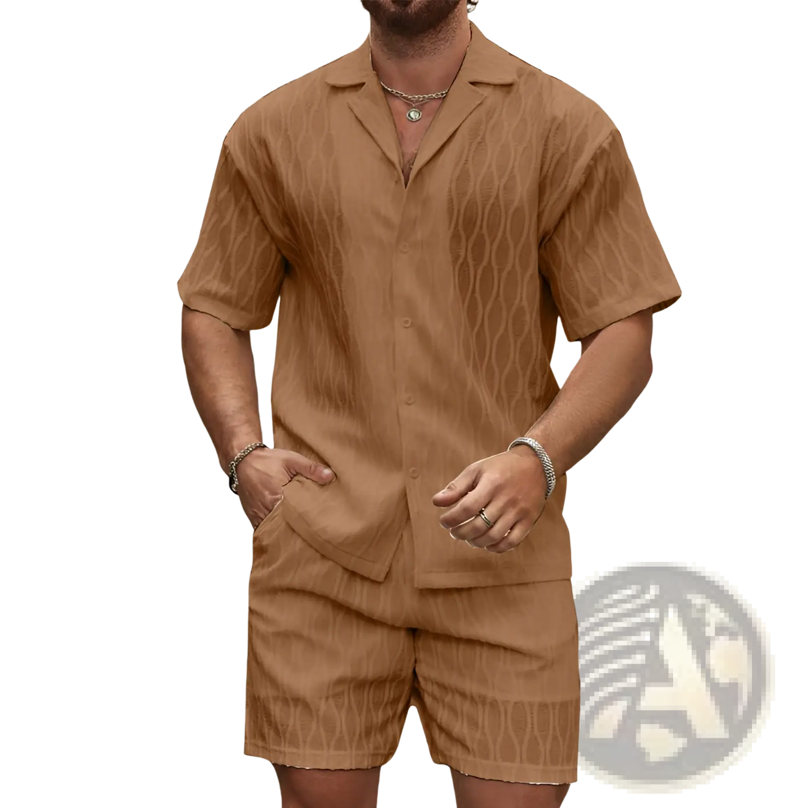Tan short-sleeved men’s button-up shirt with a subtle wavy texture pattern from a summer shirt and shorts set