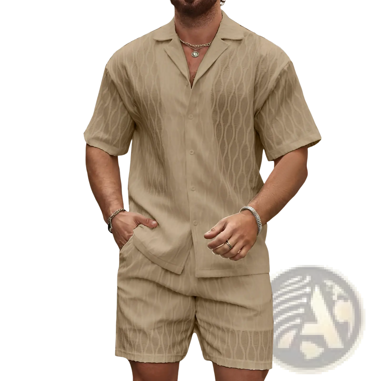 Beige men’s short-sleeved button-up shirt with subtle woven wave pattern in textured wave pattern summer shirt set