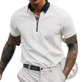 Men’s textured white polo shirt with black contrast collar and zipper detail in short sleeve design