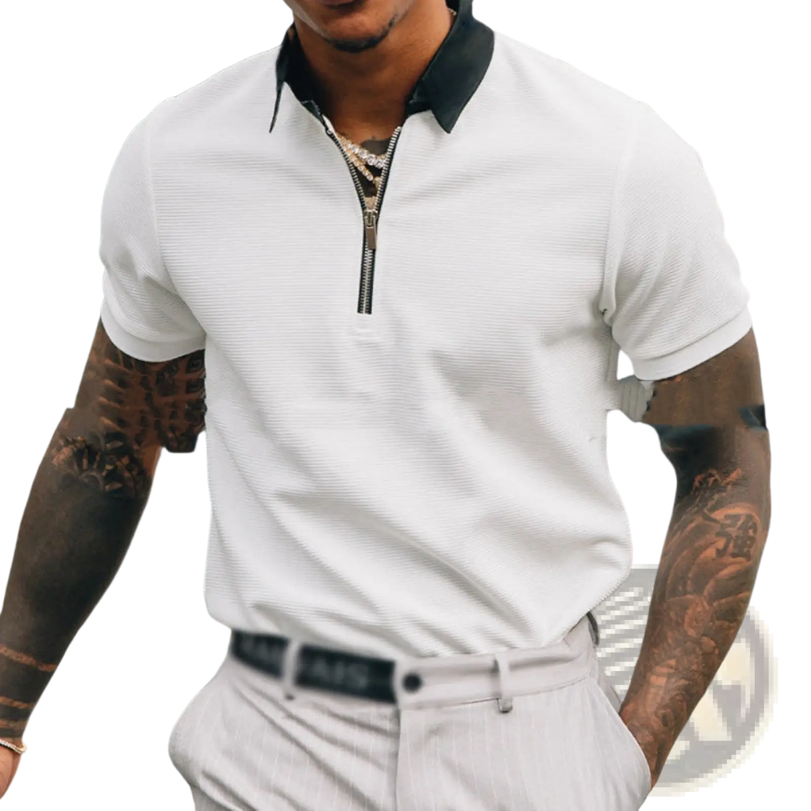 Men’s textured white polo shirt with black contrast collar and zipper detail in short sleeve design