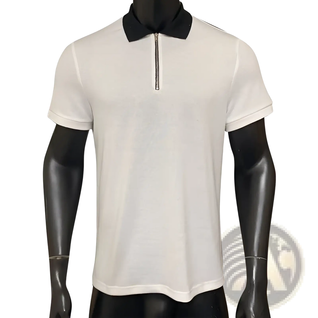 Men’s textured white polo shirt with black contrast collar and zipper featuring short sleeves and breathable fabric