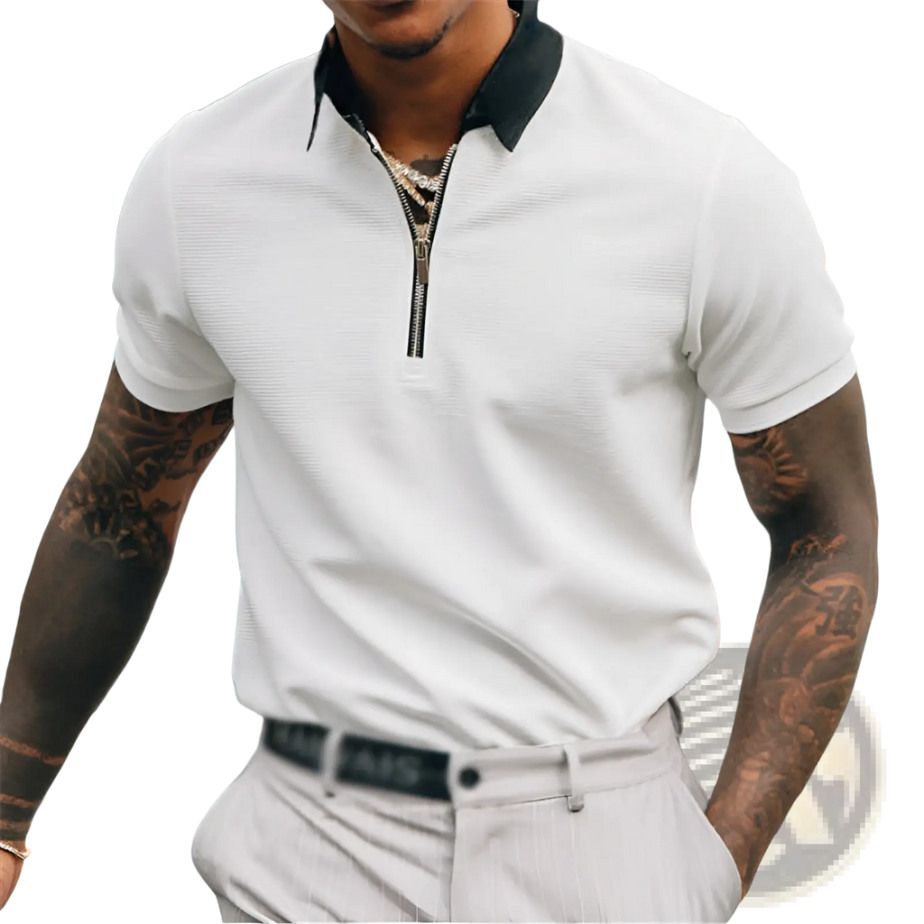 White textured short-sleeve polo shirt with a black collar and zipper detail.