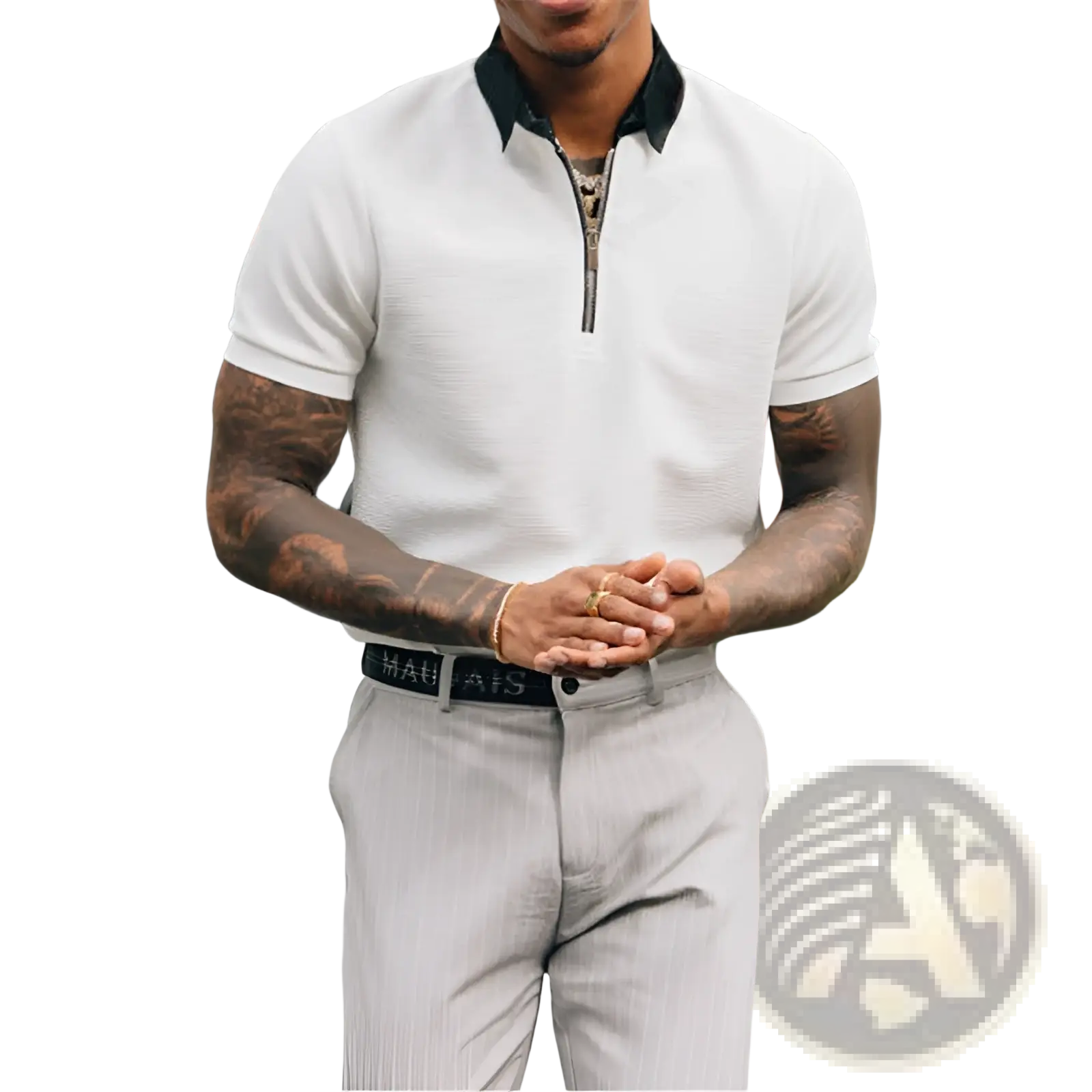 Men’s textured white polo shirt with short sleeves and black contrast collar and zipper placket in cotton blend
