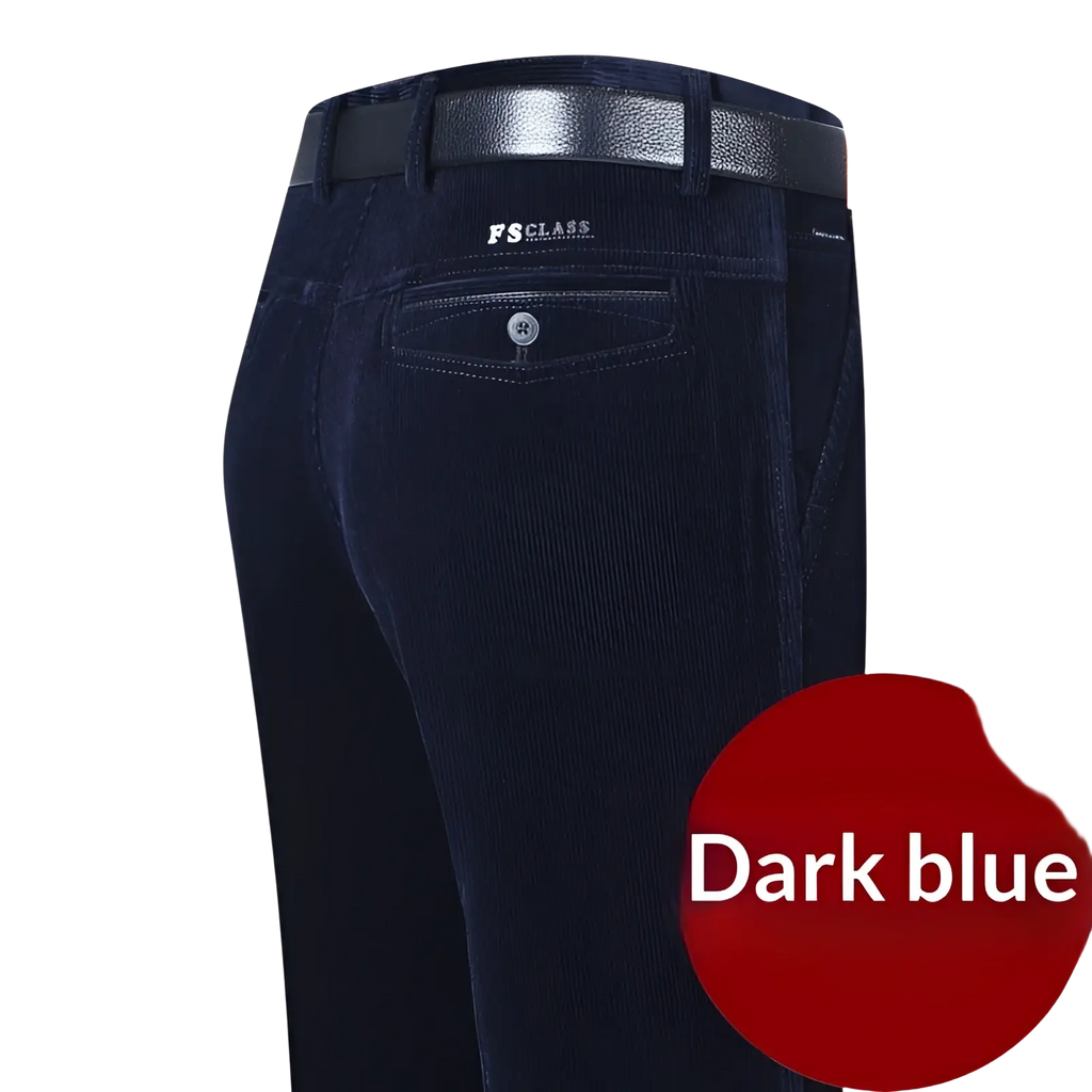 Men’s dark blue thermal fleece corduroy straight trousers with black leather belt for cold weather wear