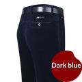 Men’s dark blue thermal fleece corduroy straight trousers with black leather belt for cold weather wear