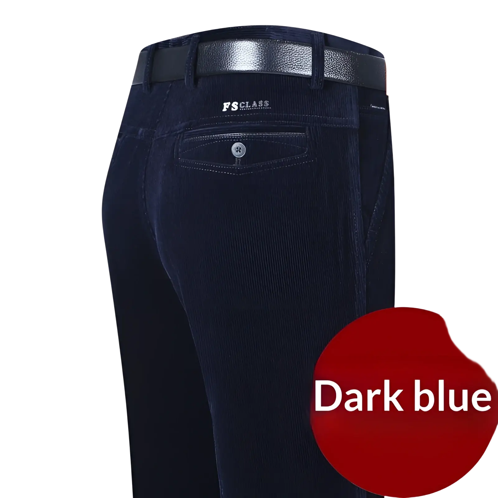 Men’s dark blue thermal fleece corduroy straight trousers with black leather belt for cold weather wear