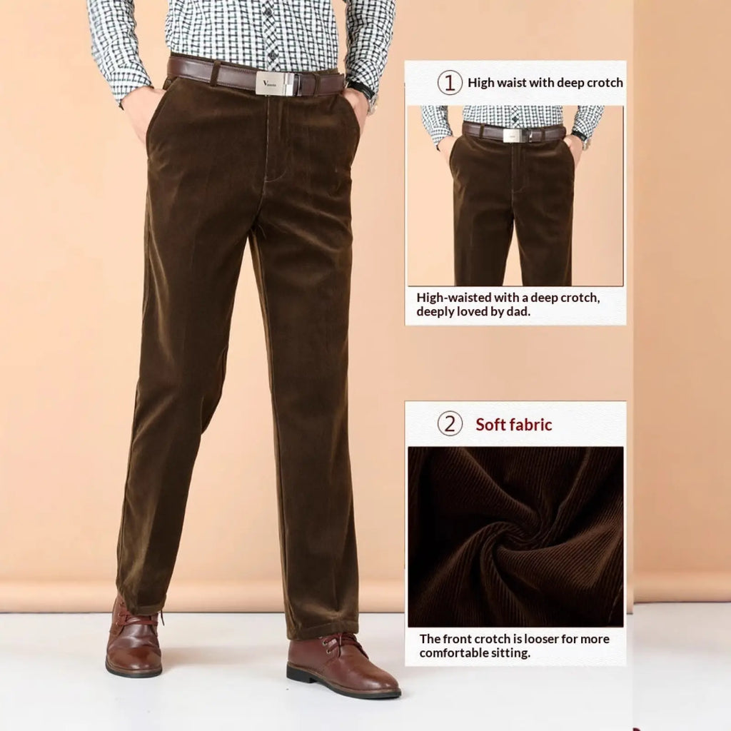 Men’s brown thermal fleece corduroy straight trousers with high waist and soft fabric for comfortable sitting